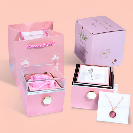 Rotating Rose Jewelry Gift Box – Preserved Soap Flower with Hidden Drawer, Romantic Valentine Gift for Women (With or Without Necklace)